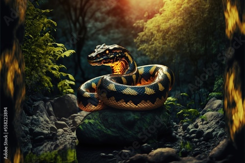 New river snake king,with amazing jungle bokeh background