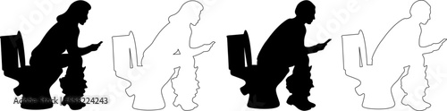Set of man and woman sitting in the toilet bowl silhouette.