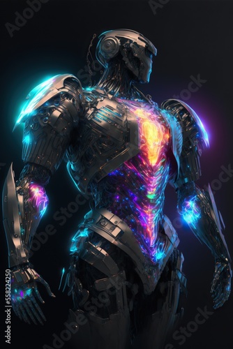 Cyberpunk future armour made of black titanium and some crystal, RGB leds rainbow, visible wires and microchip.