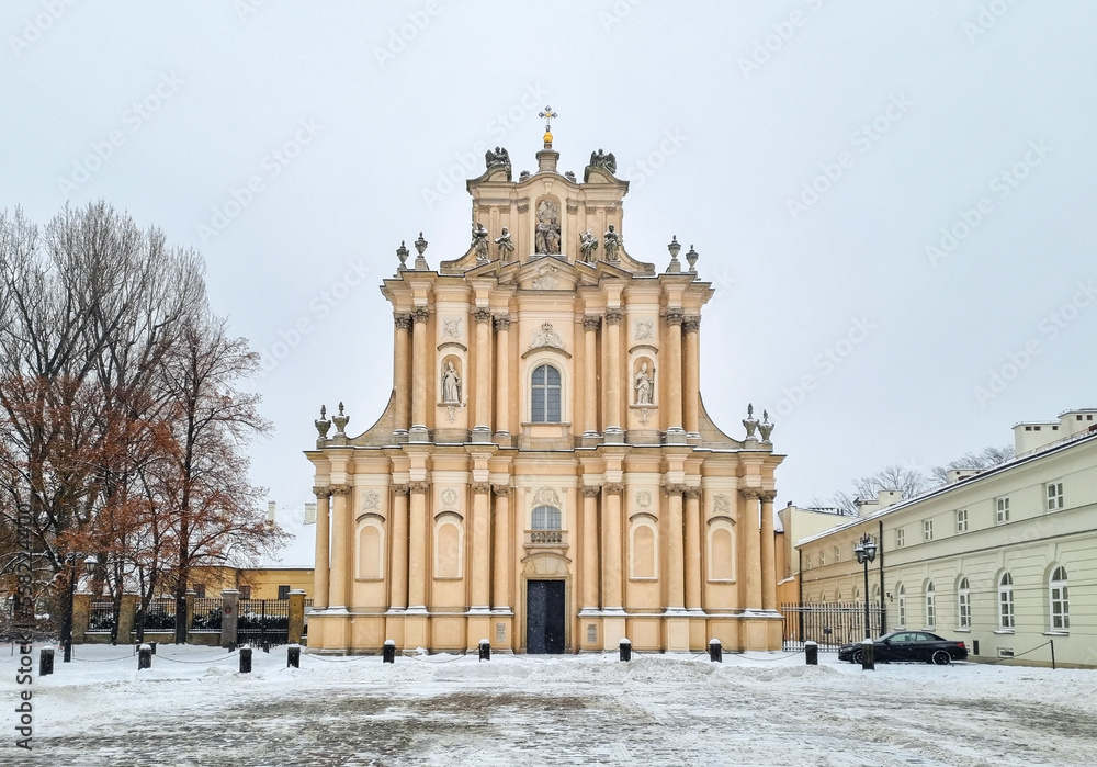 The Church of business cards or the Church of St. Joseph the Betrothed. Warsaw. Poland. Krakow suburb street.