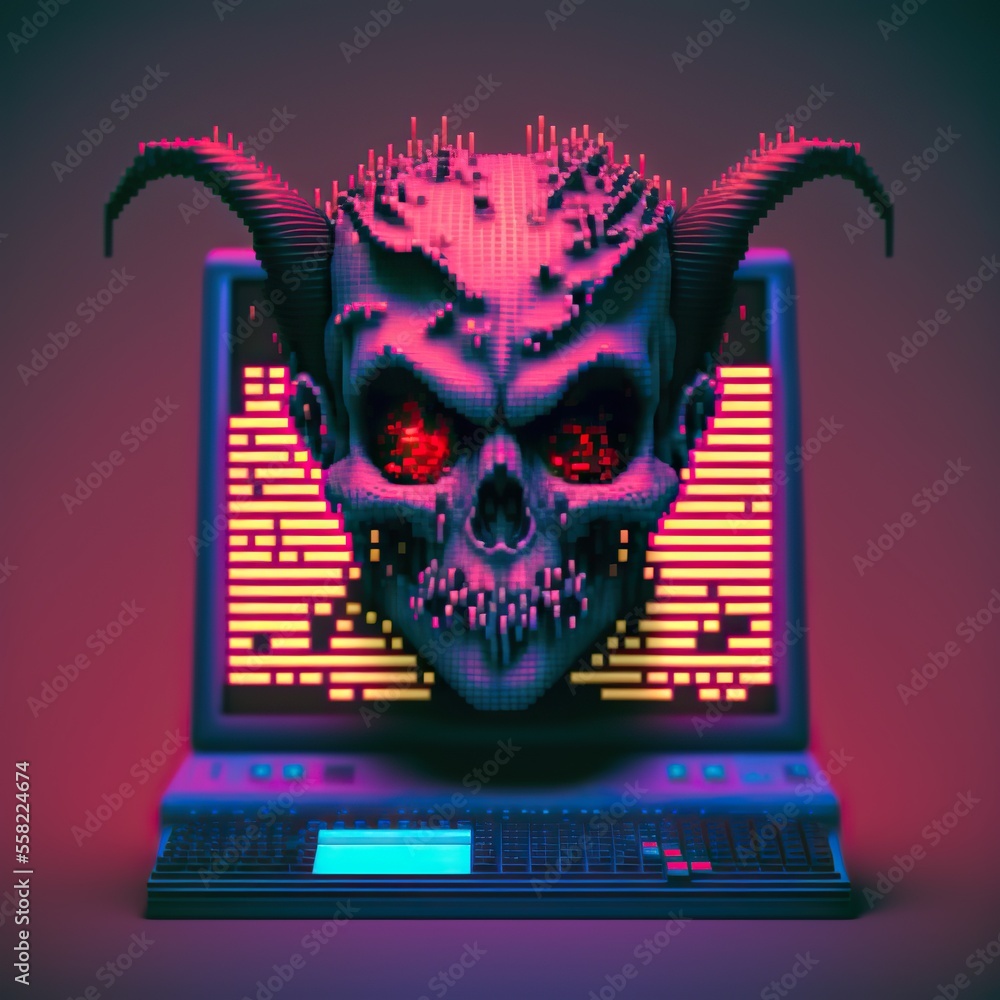 Computer virus concept, retro synthwave style, demon coming out of old ...
