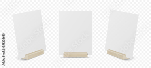Vector 3d Realistic White Blank A4 Vertical Paper Sheet, Card on Wooden Holder, Stand Icon Set Closeup Isolated. Design Template for Mockup, Menu Frame, Booklets. Acrylic Tent Card. Front, Side View