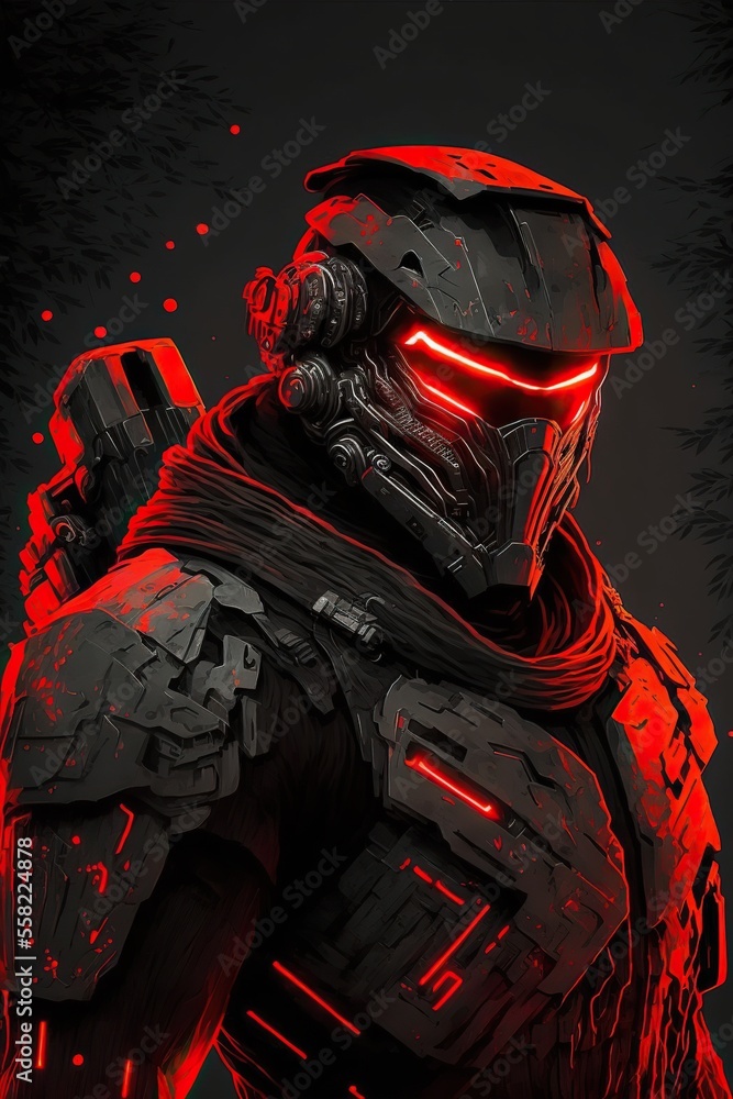 Black cyborg robot soldier with red neon light Black cyborg robot soldier with red neon light