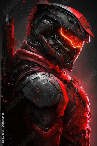 Black cyborg robot soldier with red neon light