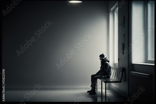 One person sitting alone on a bench in an empty room. Loneliness concept.