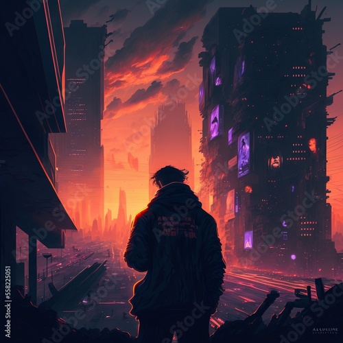 Sunset in cyberpunk city of the future