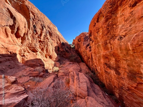 Red Rock Canyon National Conservation Area lies in Nevada   s Mojave Desert. It   s known for geological features such as towering red sandstone peaks and the Keystone Thrust Fault.