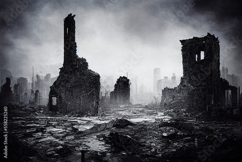 half submerge city ruins, destroyed by war . Apocalypse battlefield aftermath ruins. Designed using generative ai.  photo