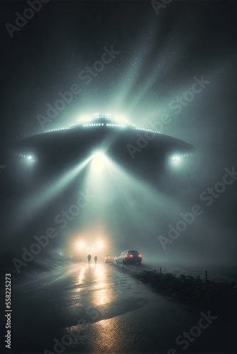 Glowing lights from UFO shines in the dark night. Aliens landing on earth. 