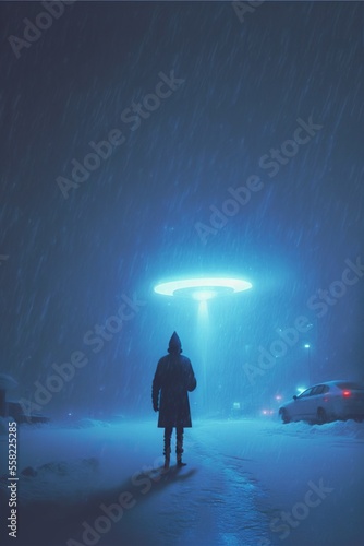 Glowing lights from UFO shines in the dark night. Aliens landing on earth. One lonely human witness.