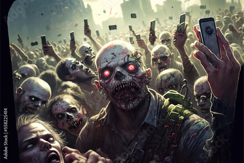 Zombie takes a selfie in the middle of a big horde during the zombie apocalypse