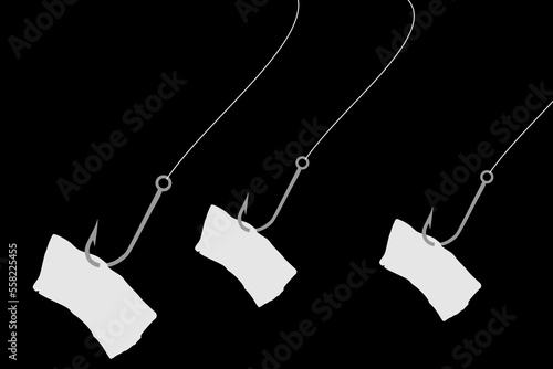 Vector illustration of a fish hook with a piece of paper attached to it with space for text or message