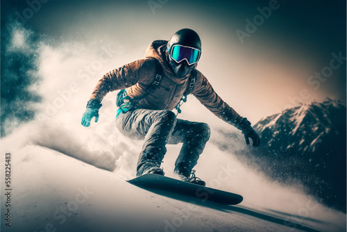 Snowboarder on the slope. Alps extreme sport. Generative AI