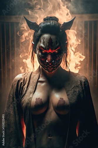 Fierce asian woman wearing oni mask over face. Fire and flames in the background. photo