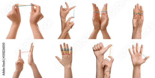 Collage of human hands with rubber bands on white background