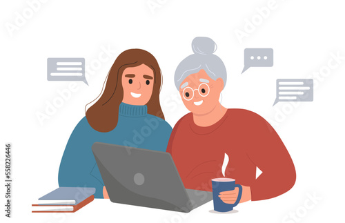 An elderly woman is sitting at a computer, studying, communicating. A young daughter helps an old grandmother to master the Internet, a laptop. Vector graphics.