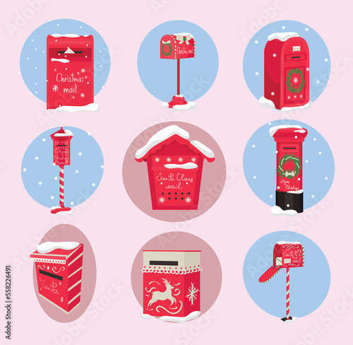 Set of mail boxes for Christmas letters on pink background