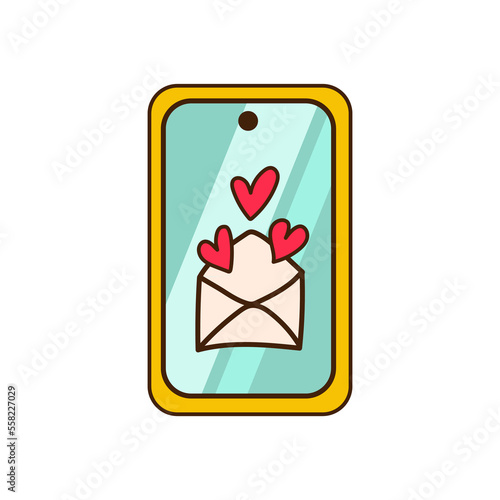Mobile phone with envelope and hearts on screen against white background