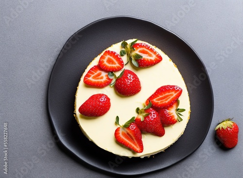delicious strawberry cake with strawberries on grey background