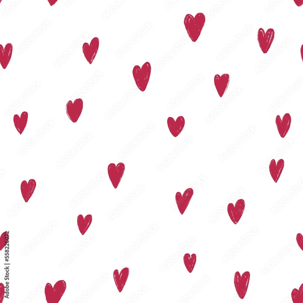 Heart shape seamless pattern. Valentine hand drawn pattern. Color of 2023, viva magenta