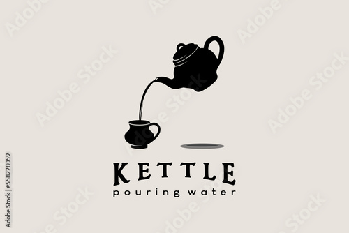 Kettle silhouette design pouring water into vintage glass for drink logo, antiques and furniture