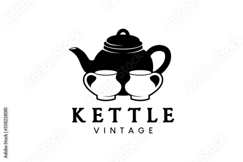 Kettle silhouette design with vintage glass for drink logo, antiques and furniture