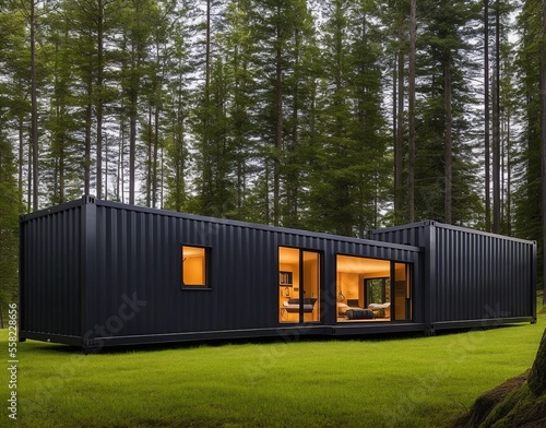 modern container house with green grass and a large window