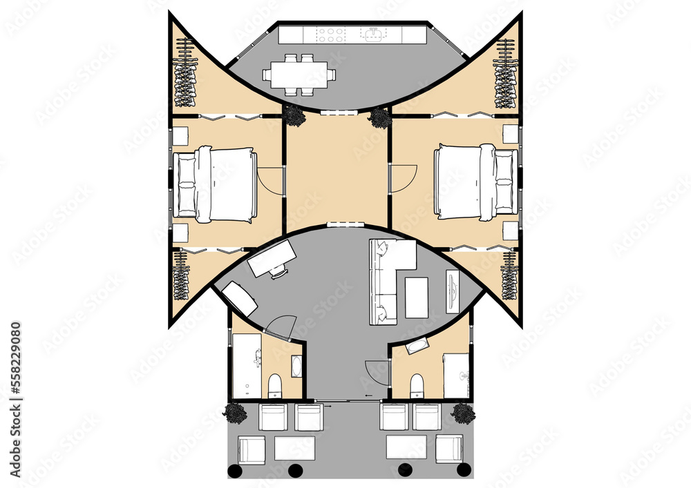Unusual floor plan. Wonderful floorplans. Unique house plans. Unusual shape  apartment floor plan. Stock Illustration