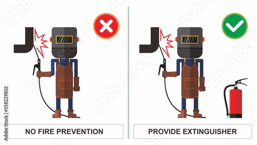 Safety do's and dont's. Welding work rules. Wrong and correct behavior. Do not conducting hot work without provide fire extinguisher. Flat vector illustration template.