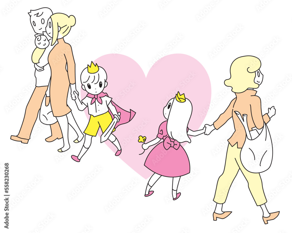道ですれ違う2組の家族 男の子と女の子が見つめ合う 道ですれ違う2組の家族 男の子と女の子が見つめ合う