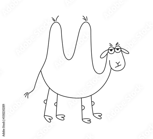 Hand drawn funny camel. Sad comic doodle two-humped camel child drawing. Vector illustration isolated on white background.