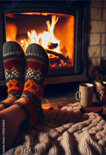 Feet in socks by the Christmas fireplace relax by warm fire and warming feet in woolen socks. Winter and Christmas holidays concept.