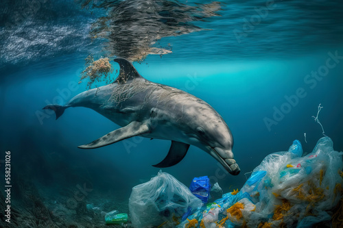 Dolphin Struggles to Survive in Polluted Ocean, Plastic Waste Threatens Marine Life.