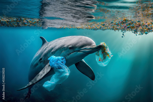 Dolphin's Struggle for Survival in a Plastic-Clogged Ocean. photo