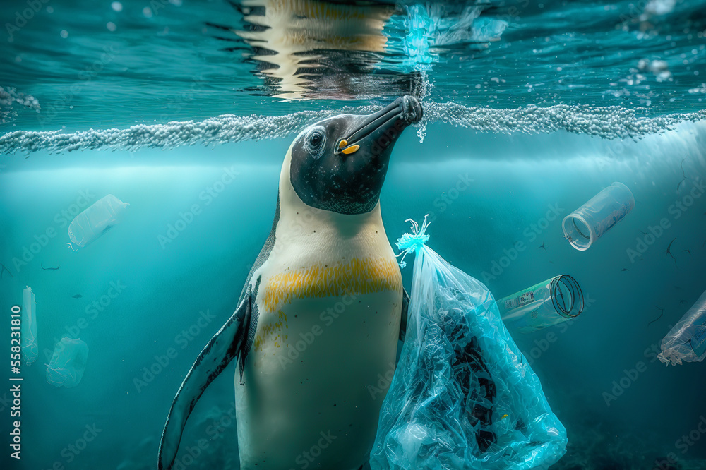 Tragic Consequences of Plastic Pollution, a Penguin Swimming in a Sea