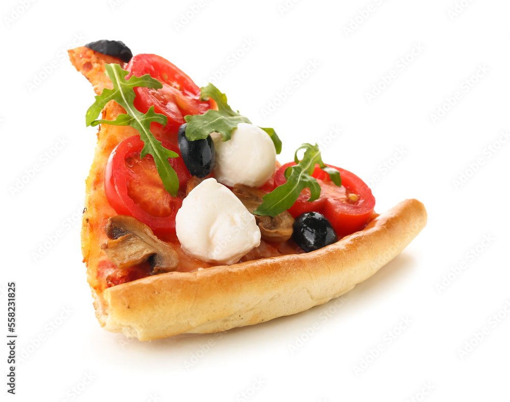 Slice of tasty pizza with mozzarella cheese, olives and mushrooms on white background Slice of tasty pizza with mozzarella cheese, olives and mushrooms on white background