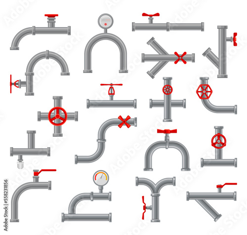 Plastic pipeline tubes with valves. Industrial conduit with connections, engineering plumbing system cartoon vector