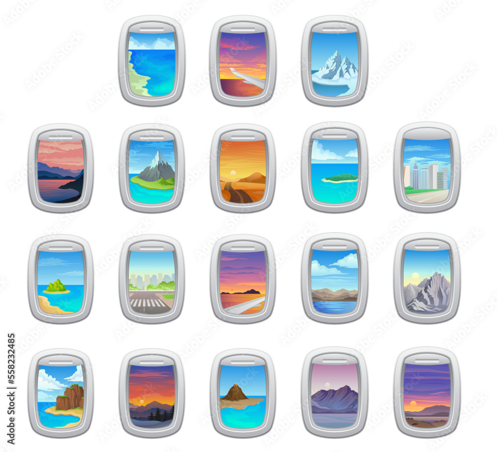 Airplane porthole with different picturesque views set cartoon vector illustration Airplane porthole with different picturesque views set cartoon vector illustration