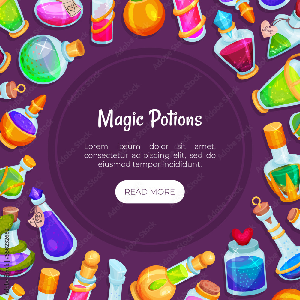 Potion Bottles Banner Design with Magic Liquid in Glass Jar on Purple Background Vector Template Potion Bottles Banner Design with Magic Liquid in Glass Jar on Purple Background Vector Template