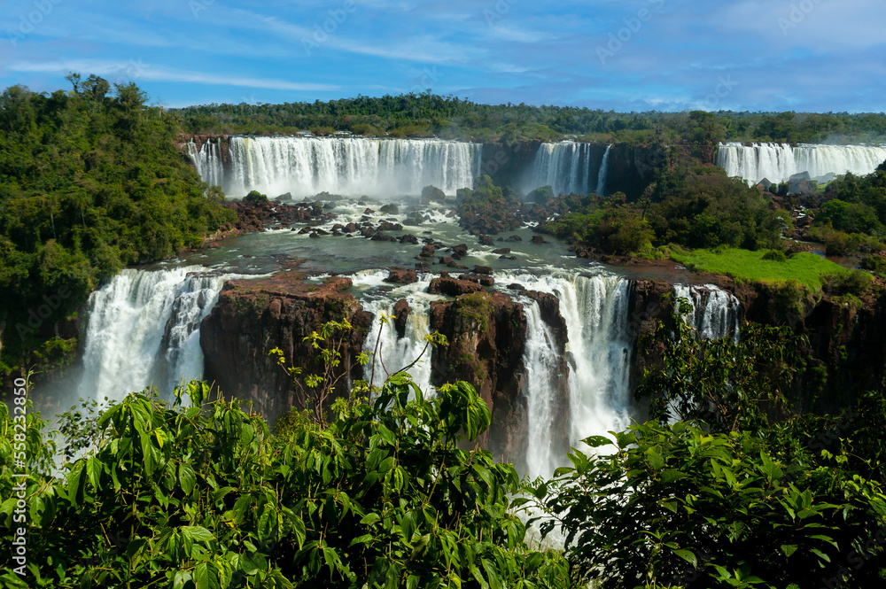 iguazu falls seen from the brazilian side in distant angles diablo throat and with its waterfalls and its vegetation