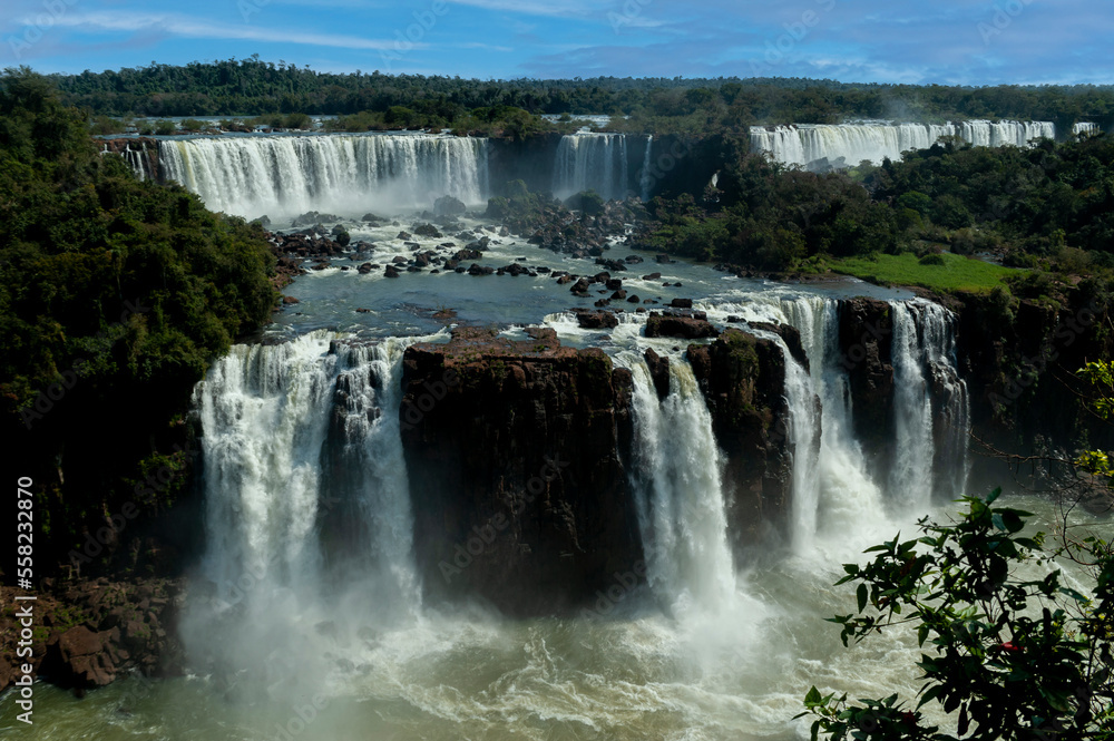 iguazu falls seen from the brazilian side in distant angles diablo throat and with its waterfalls and its vegetation