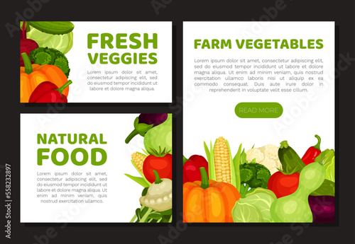 Fresh veggies natural food web banner and card templates set. Farm organic vegetables landing page, card, poster design cartoon vector