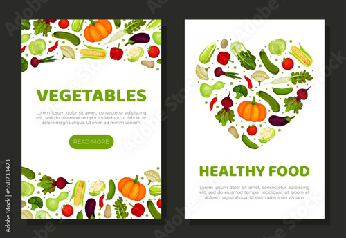 Healthy food banner templates set. Farm organic vegetables, fresh healthy food mobile app, card, poster cartoon vector