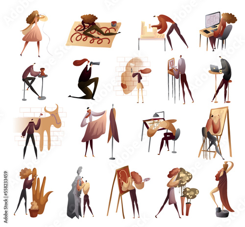 People of creative professions set. Artist, designer, sculptor, photographer, actor, tailor cartoon vector