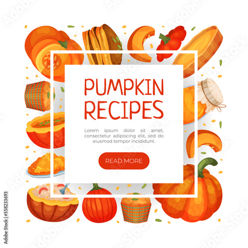 Pumpkin recipes landing page template. Pumpkin food, delicious dishes made of pumpkin web banner, homepage cartoon vector