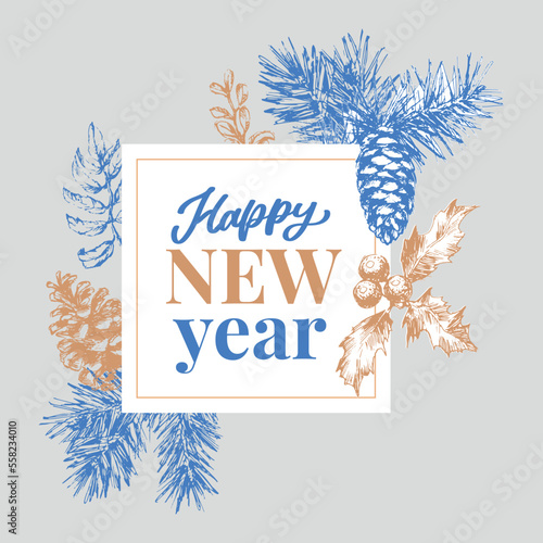 Happy New Year Abstract Botanical Card with Square Frame Banner and Modern Typography. Green and Pink Pastel Colors Greeting Layout. Isolated.