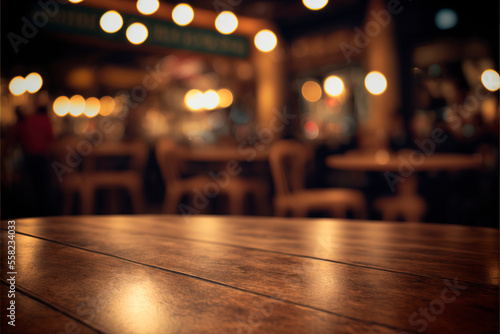 Brown blurred background with empty wood table top and spotlight of blur restaurant or bar view, generative ai backdrop