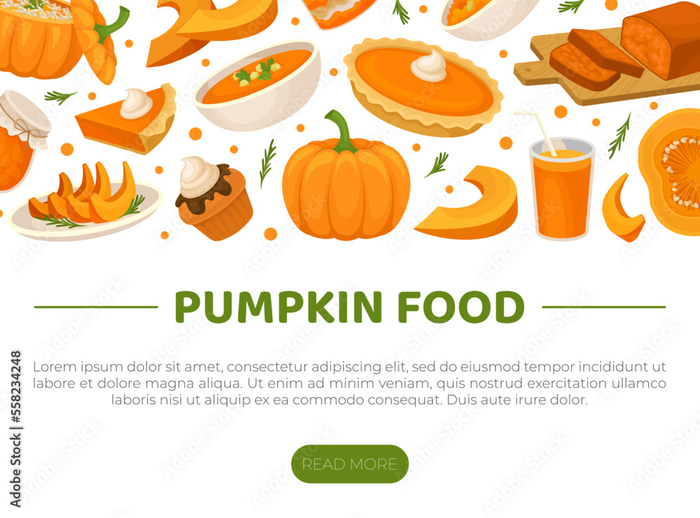 Pumpkin food landing page template. Traditional dishes for celebrating Thanksgiving web banner, website cartoon vector