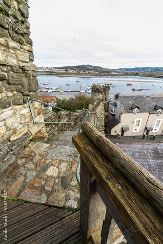 Conwy Town Walls, top of wall looking towards the sea, portrait