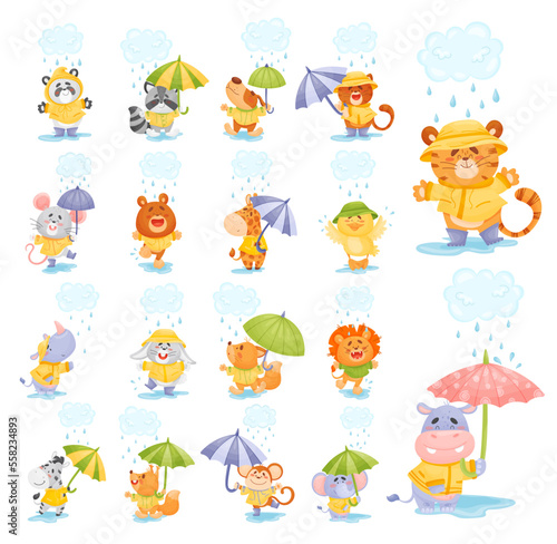 Cute baby animals walking with umbrellas under rain. Cute giraffe, tiger, mouse, lion, bear, rabbit in raincoats having fun outdoors cartoon vector